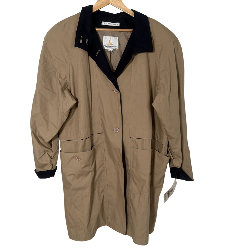 Misty Harbor Trench Coat Womens XL Tan Navy New 31502 Shoulder Pads Raglan Coat